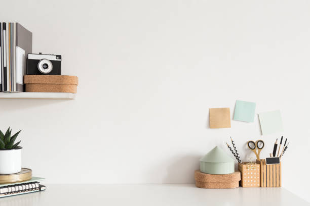 istock Workspace at home. Empty desk. Stylish and minimal home office workplace. 1366451050