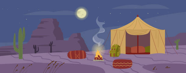 Empty desert camp landscape at night. Arabian style tent with pillows stand in mountain desert. Vector illustration. Empty desert camp landscape at night. Arabian style tent with pillows stand in mountain desert, cactus plant and full moon on the background. Cartoon flat vector illustration. oman cartoon stock illustrations