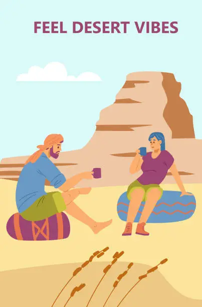 Vector illustration of Banner or poster with tourists making desert journey flat vector illustration.