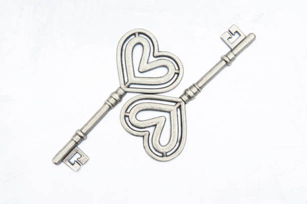 istock Silver toned heart shape keys on a neutral background 1366453931