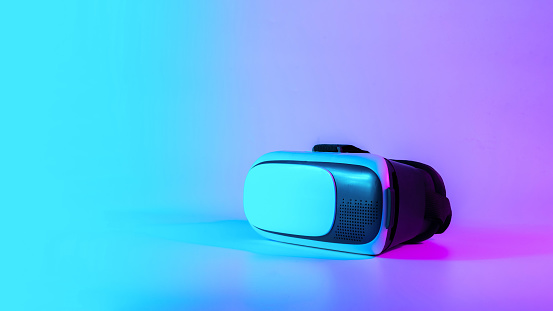 Metaverse virtual reality. 3d digital glasses on futuristic neon tech background. VR sport game virtual reality recreation.