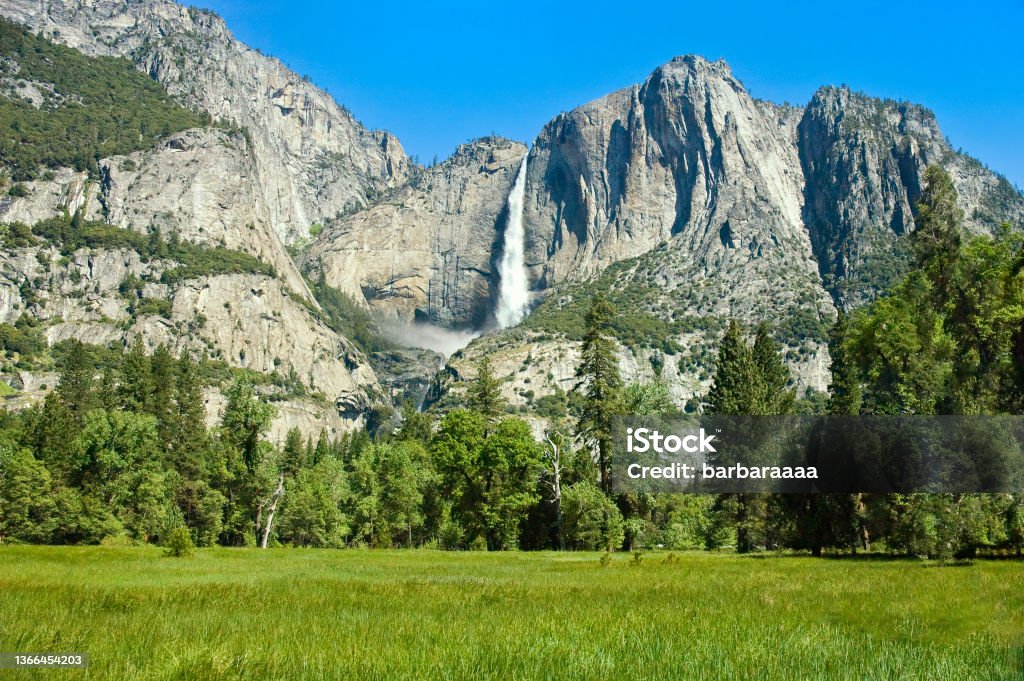 Yosemite Falls at Yosemite Valley, National Park. Yosemite Falls Stock Photo