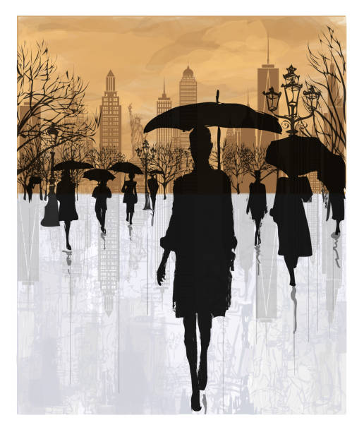 illustrazioni stock, clip art, cartoni animati e icone di tendenza di persone sotto la pioggia a new york - new york rain