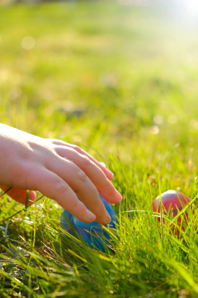 istock Easter holiday tradition.Spring religious holiday. Easter Egg Hunt.Child hand collect eggs in the spring garden. 1366455261