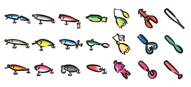 Fishing lure icon set for graphic (Hand draw color version) This is a set of fishing lure icons. This is a set of simple icons that can be used for website decoration, user interface, advertising works, and other digital illustrations. black sea bass stock illustrations