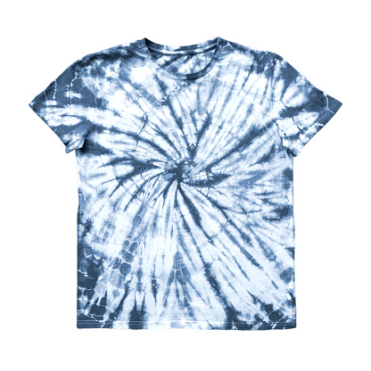 Tie dye pattern t-shirt isolated on white background. Hand painted indigo blue navy colored tiedye elements on white backdrop. Abstract hippy psychedelic fashion texture. Space for text.