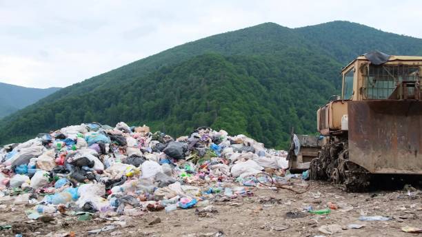 Ecological catastrophe of plastic. Plastic waste in the mountains. stock photo