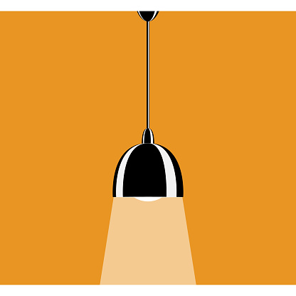 Classic design, glare and reflex on the lampshade. A lamp for lighting the room. Ceiling lamp inside the house. Vector icon, black , complex flat