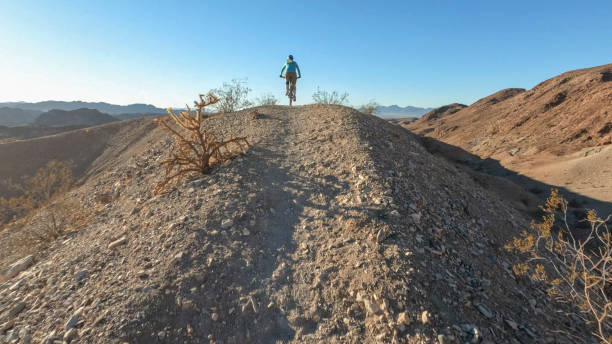 istock Female mountain biker follows desert pathway 1366456851