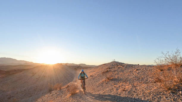 istock Female mountain biker follows desert pathway 1366456976