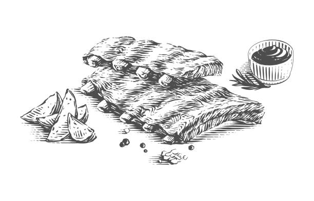 ilustrações de stock, clip art, desenhos animados e ícones de pork ribs hand drawing sketch engraving illustration style - costeleta comida ilustrações
