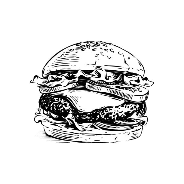 illustrations, cliparts, dessins animés et icônes de burger dessin à la main croquis gravure style d’illustration - burger hamburger cheeseburger fast food
