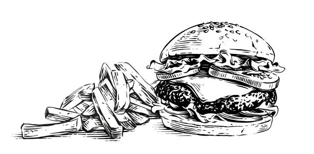 stockillustraties, clipart, cartoons en iconen met burger and french fries hand drawing sketch engraving illustration style - burger