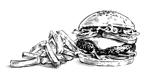 burger and french fries hand drawing sketch engraving illustration style burger and french fries hand drawing sketch engraving illustration style vector burger stock illustrations