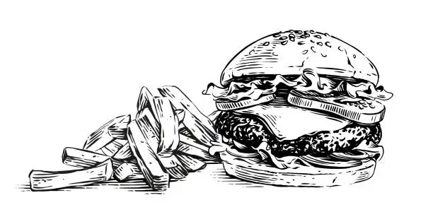 Vector illustration of burger and french fries hand drawing sketch engraving illustration style