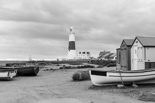 Black and white photo of Portland Bill lighthouse in Dorset
