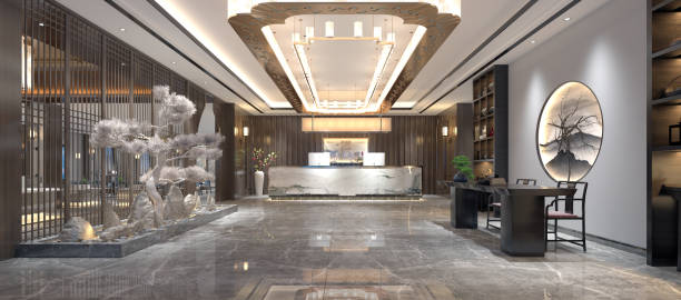 render 3d luksusowego lobby hotelowego i recepcji - hotel reception lobby hotel luxury zdjęcia i obrazy z banku zdjęć