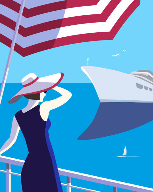 Women enjoy blue ocean scenic view. Cruise liner vessel in summer seaside nature landscape background. Holiday vacation season sea travel leisure illustration. Sea sailing relax tourist vector poster