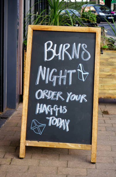 Burns Night - Order Your Haggis Today - sign A sign outside a butcher’s shop in the London suburbs, reading “Burns Night - Order Your Haggis Today”! Burns Night is the 25th January, when haggis is traditionally served, especially in Scotland. haggis stock pictures, royalty-free photos & images