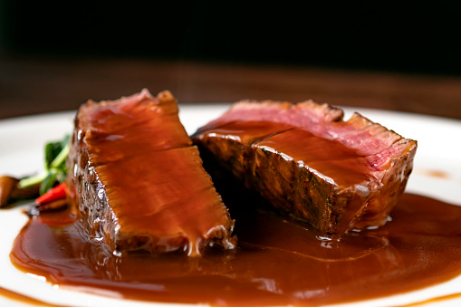 Grilled beef Steak filet Mignon medium rare for demi-glace sauce