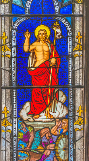 Jesus Christ The Victor Resurrection Stained Glass Trinity Episcopal Parish Church Saint Augustine Florida.  Founded 1700s. Stained glass from mid-1800s