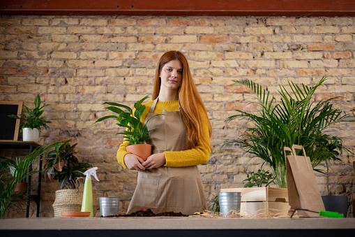 Portrait of a  young Caucasian woman enjoying her hobby at home, taking a good care of her house plants, holding one potted plant in her hands