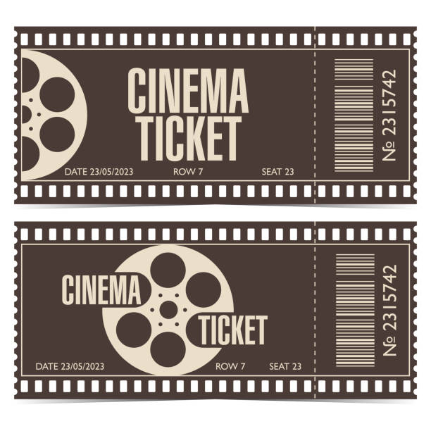 Cinema ticket with barcode in the form of film strip. Cinema ticket with barcode in the form of film strip. Editable movie session entrance coupon template with film reel in brown and beige colours. Vector illustration in flat style. cinema ticket stock illustrations