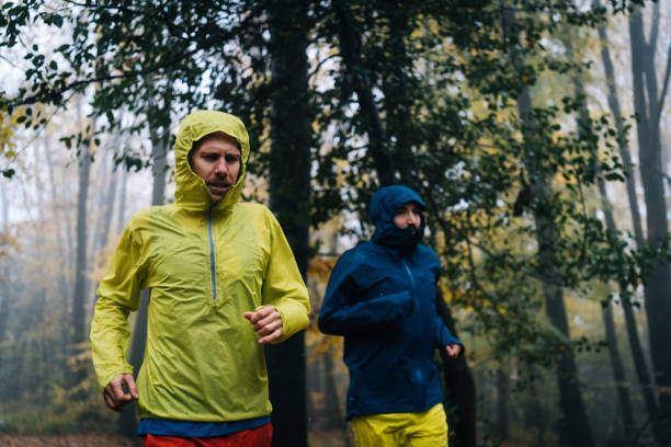 istock Trail runners run through forest on rainy day 1366472383