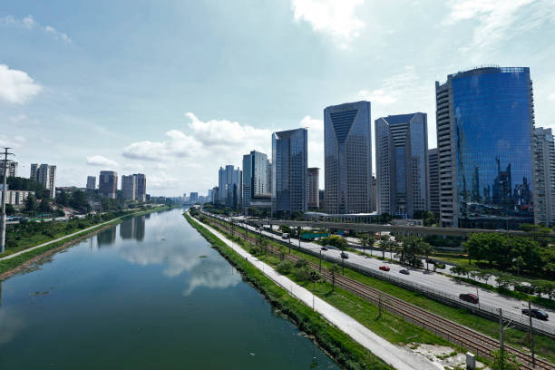 istock Urban landscape with river and roads 1366473794