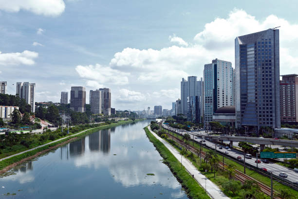 istock Urban landscape with river and roads 1366473800