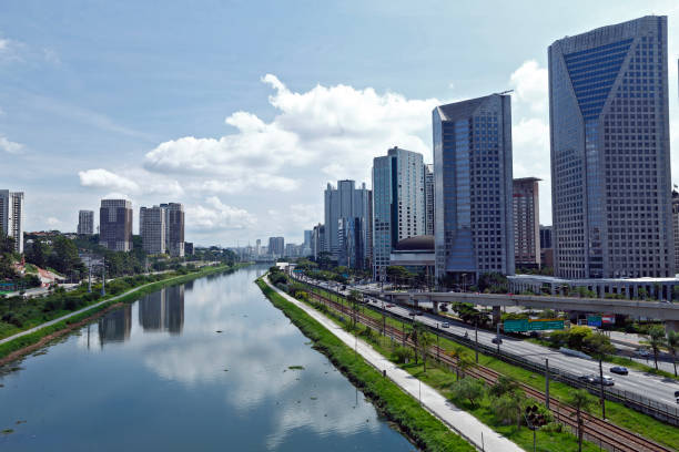 istock Urban landscape with river and roads 1366473806