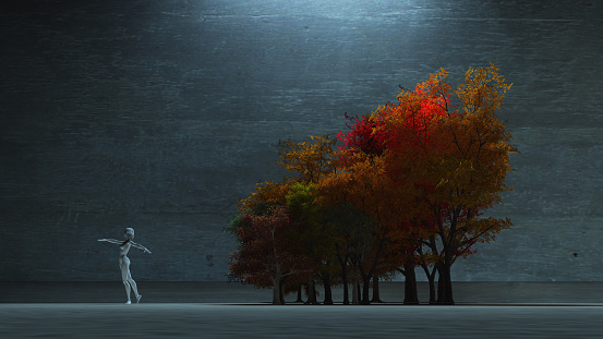 White dancer and fall trees. 3D rendering