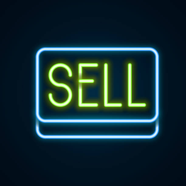istock Glowing neon line Sell button icon isolated on black background. Financial and stock investment market concept. Colorful outline concept. Vector 1366477511