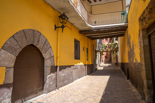 Graus village picturesque street arches in Huesca de Aragon of Spain in the Ribagorza region