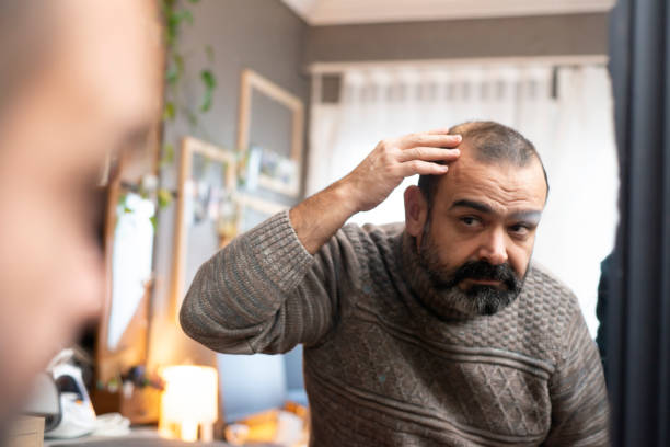 Man checking hair in mirror Man checking hair in mirror balding stock pictures, royalty-free photos & images