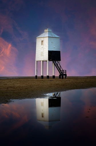 The stilted low lighthouse at Burnham-on-sea, England, a local landmark on the Somerset coast.