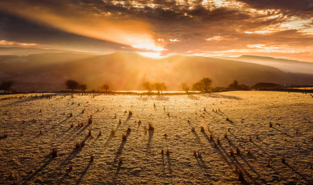lange schatten am frühen morgen - brecon beacons nationalpark stock-fotos und bilder
