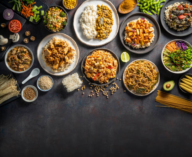 istock Vegan Asian recipes assorted brown rice, curry, masala, poke, do 1366479801