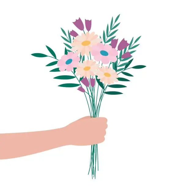 Vector illustration of Hand holding bouquet of flowers. Meadow cute blossom bunch isolated on white background. Vector flat illustration