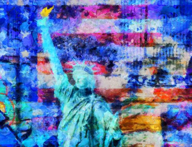 istock Liberty statue. US flag on a background 1366482134