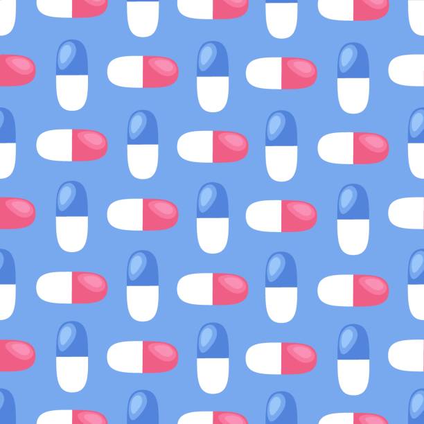 istock Pharmacy seamless tile pattern. Healthcare blue background. Colorful medical capsules. Vector flat illustration 1366482155