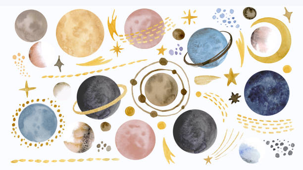 Watercolor Space set with Planets, comets and stars Watercolor Space set with Planets, comets and stars. Hand drawn illustration of Universe with golden Moon. Sketch of Galaxy. Cosmos elements isolated on white background in light pastel colors clip art of a meteoroids stock illustrations