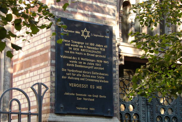 Memorial plaque on the front wall of the Neue Synagogue, unveiled 1966 for 100th anniversary, Berlin, Germany stock photo