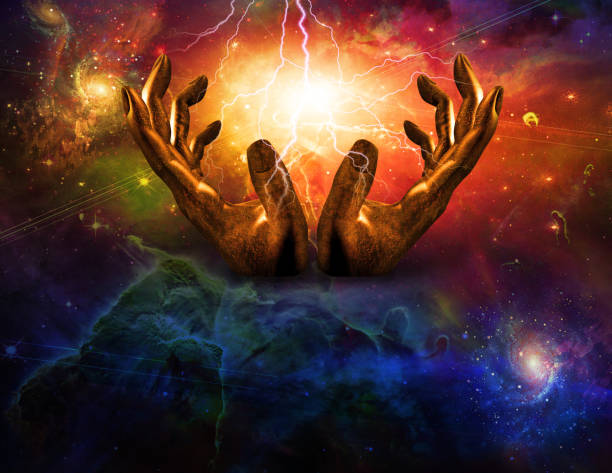 Power Revealed. Hands and lightning stock photo