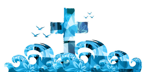 Christian cross isolated with waves and seagulls vector illustration. Religion themed background. Design for Christianity, prayer and care, church service, communion, charity, help and support Christian cross isolated with waves and seagulls vector illustration. Religion themed background. Design for Christianity, prayer and care, church service, communion, charity, help and support baptism stock illustrations