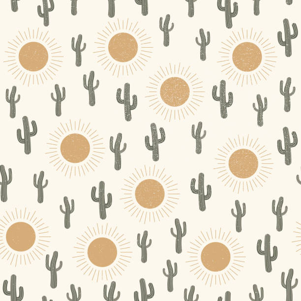 bildbanksillustrationer, clip art samt tecknat material och ikoner med seamless textured pattern vector summer cactus on desert with sun for fashion fabric and prints - desert cactus