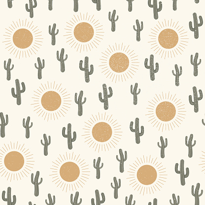 Seamless textured pattern vector summer cactus on desert with sun for fashion fabric and all prints on light beige sand background