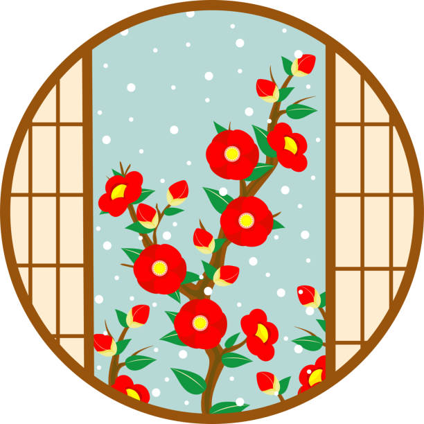 клипарт падающего снега, цветка камелии и круглого окна - tanka stock illustrations