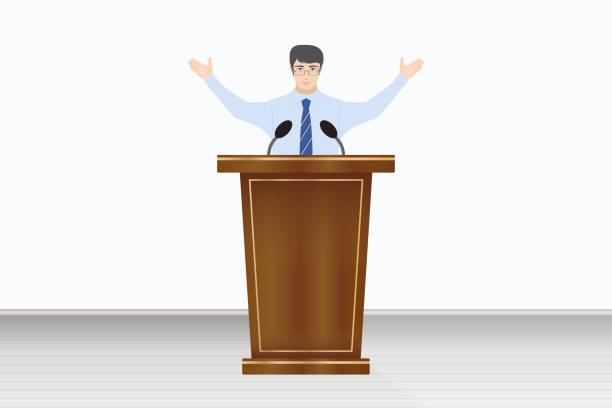 istock Man with hands up talking from the rostrum tribune, vector illustration 1366487239