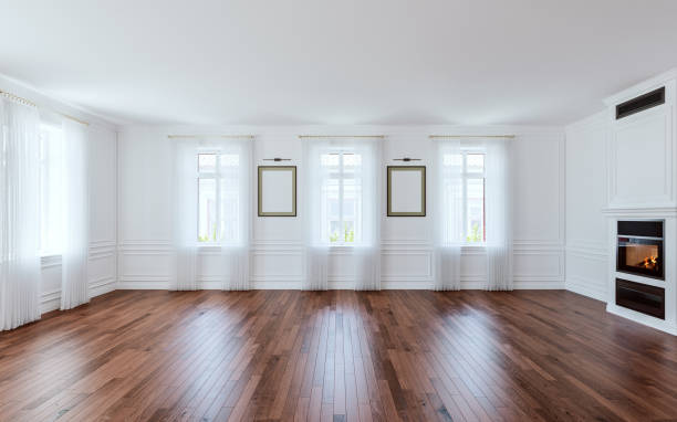 Modern interior design empty living room mock-up with big windows, wooden wall paneling and fireplace, 3d rendering